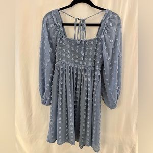 Pinkblush Light Blue Textured Dot Smocked Square Neck Chiffon Dress, Size Small